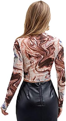 SheIn Women's Sheer Mesh Marble Crop Top T Shirt Long Sleeve Lettuce Trim  Tee at Amazon Women’s Clothing store
